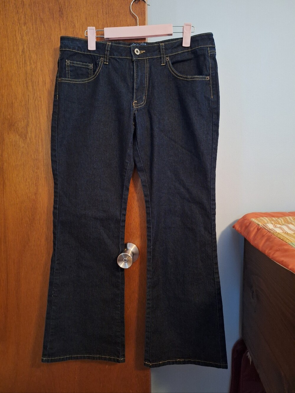 Angels Women's Dark Blue Gold Stitching Bootcut Jeans Size 15 Short